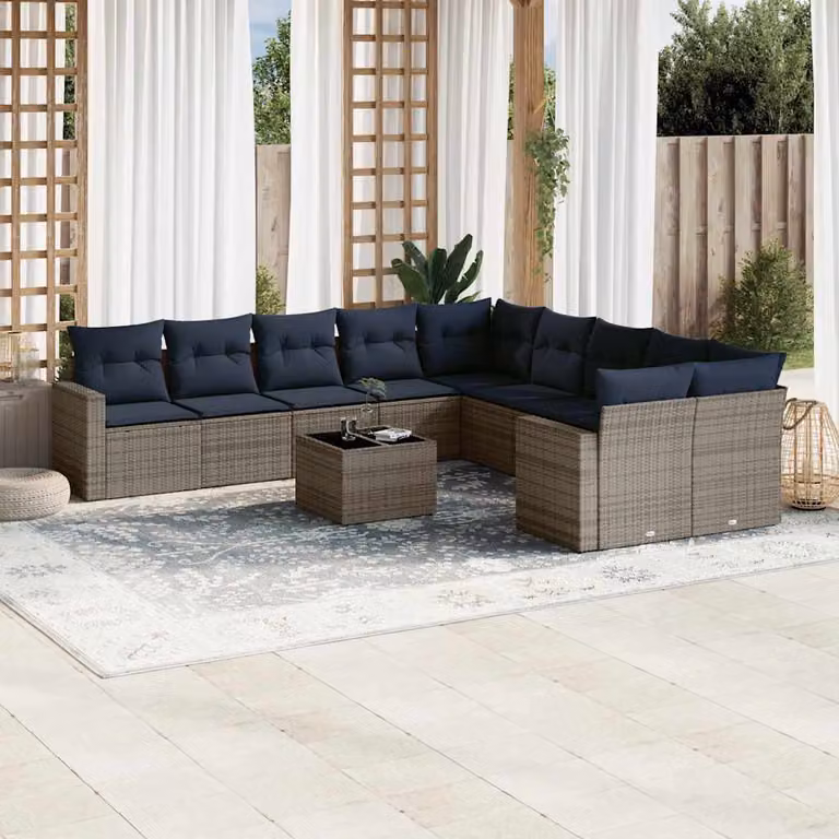 vidaXL Set Divani da Giardino 11 pz in Polyrattan Grigio con Cuscini e Tavolino da Esterno