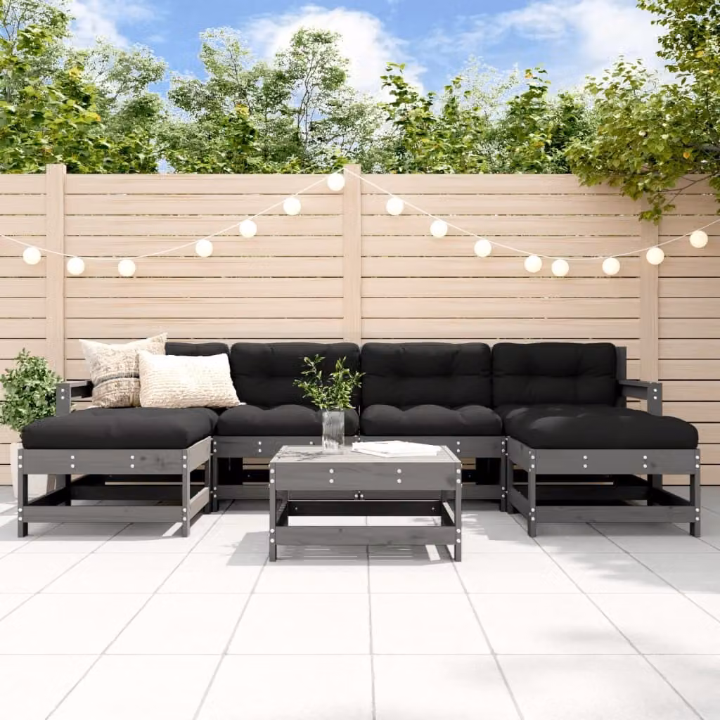 The Living Store Set da giardino 7 pezzi con cuscini in legno massiccio grigio
