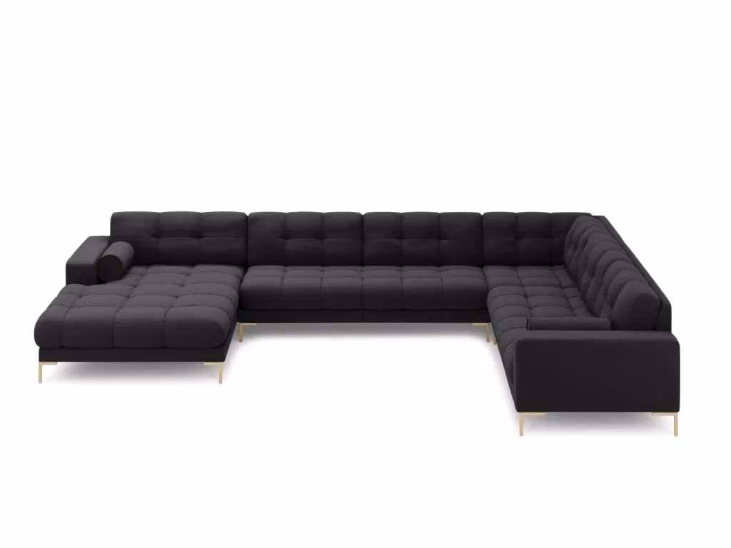 Divano panoramico destro Bali Cosmopolitan Design a 7 posti in tessuto grigio scuro con dettagli oro L 327 cm x P 134 cm x H 75 cm – 2