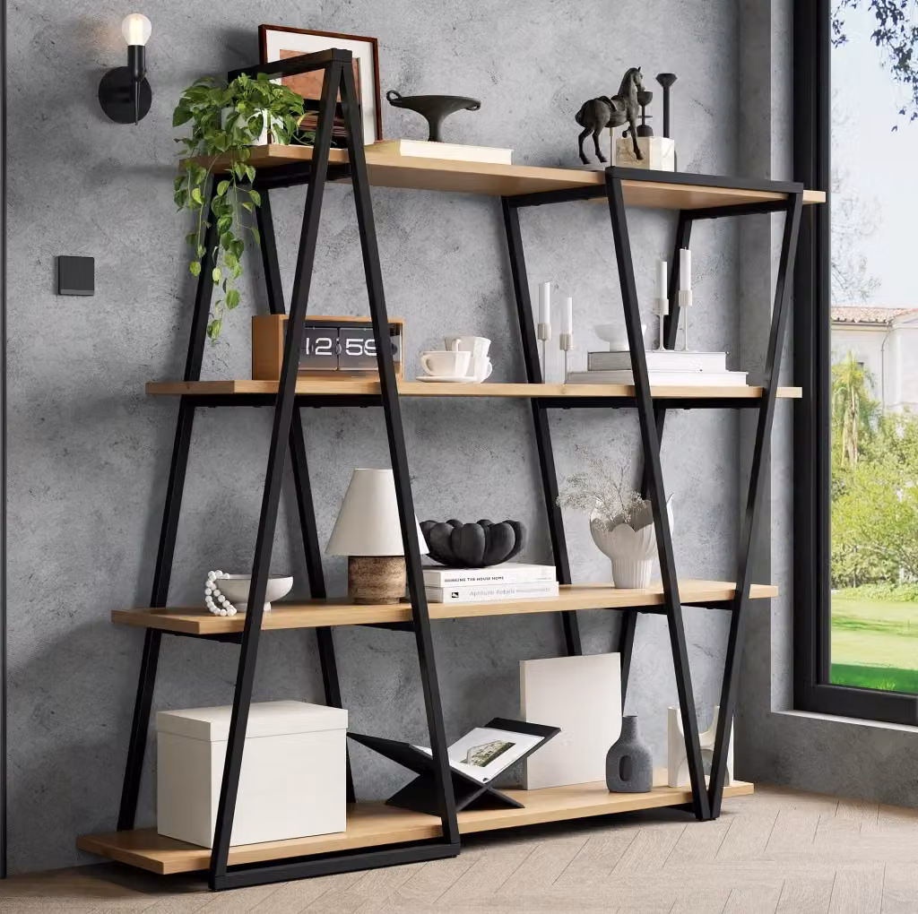 Libreria a giorno geometrica moderna MODFU in metallo nero e MDF effetto quercia L/P/H: 158 x 35 x 166 cm – 2