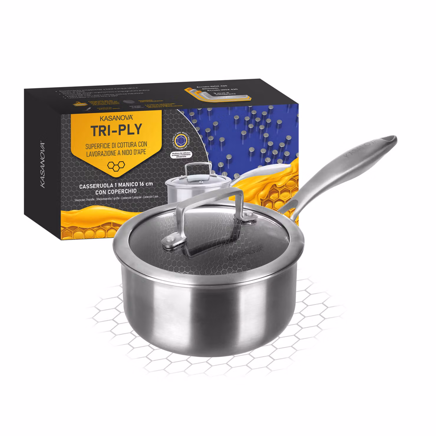 Casseruola Kasanova in acciaio inox e alluminio con coperchio in vetro, diametro 16 cm, colore argento – 2