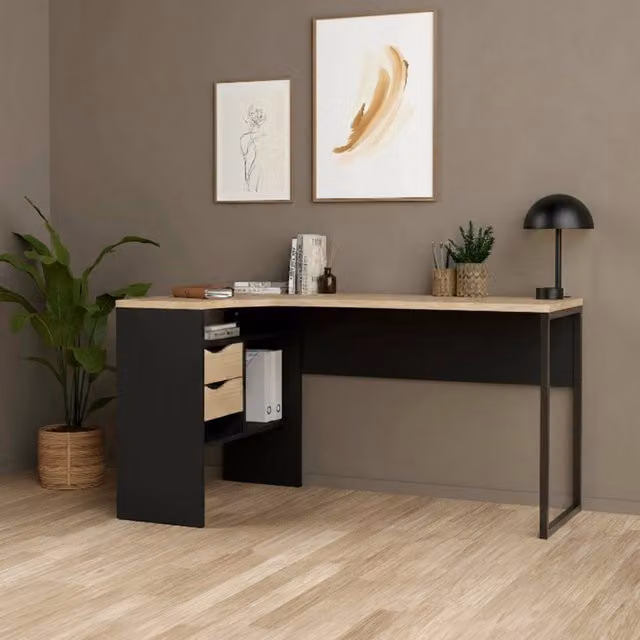 Scrivania Moire DMORA per ufficio e casa, tavolo moderno porta PC in legno nero e rovere, L: 145 cm, P: 81 cm, H: 77 cm – 1