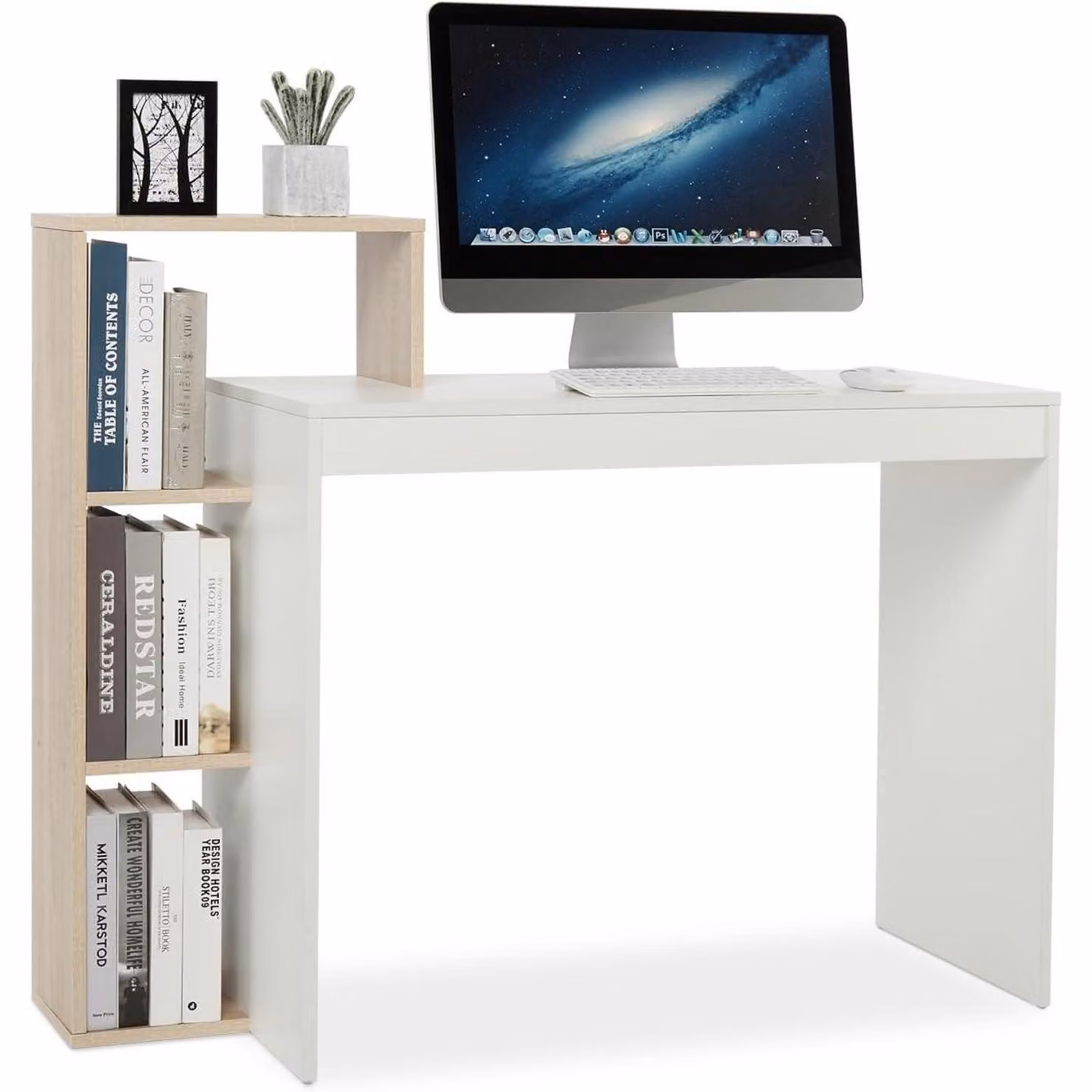 Scrivania con ripiano a 3 livelli, salvaspazio, dimensioni 110 x 40 x 92 cm, colore bianco/effetto legno noce