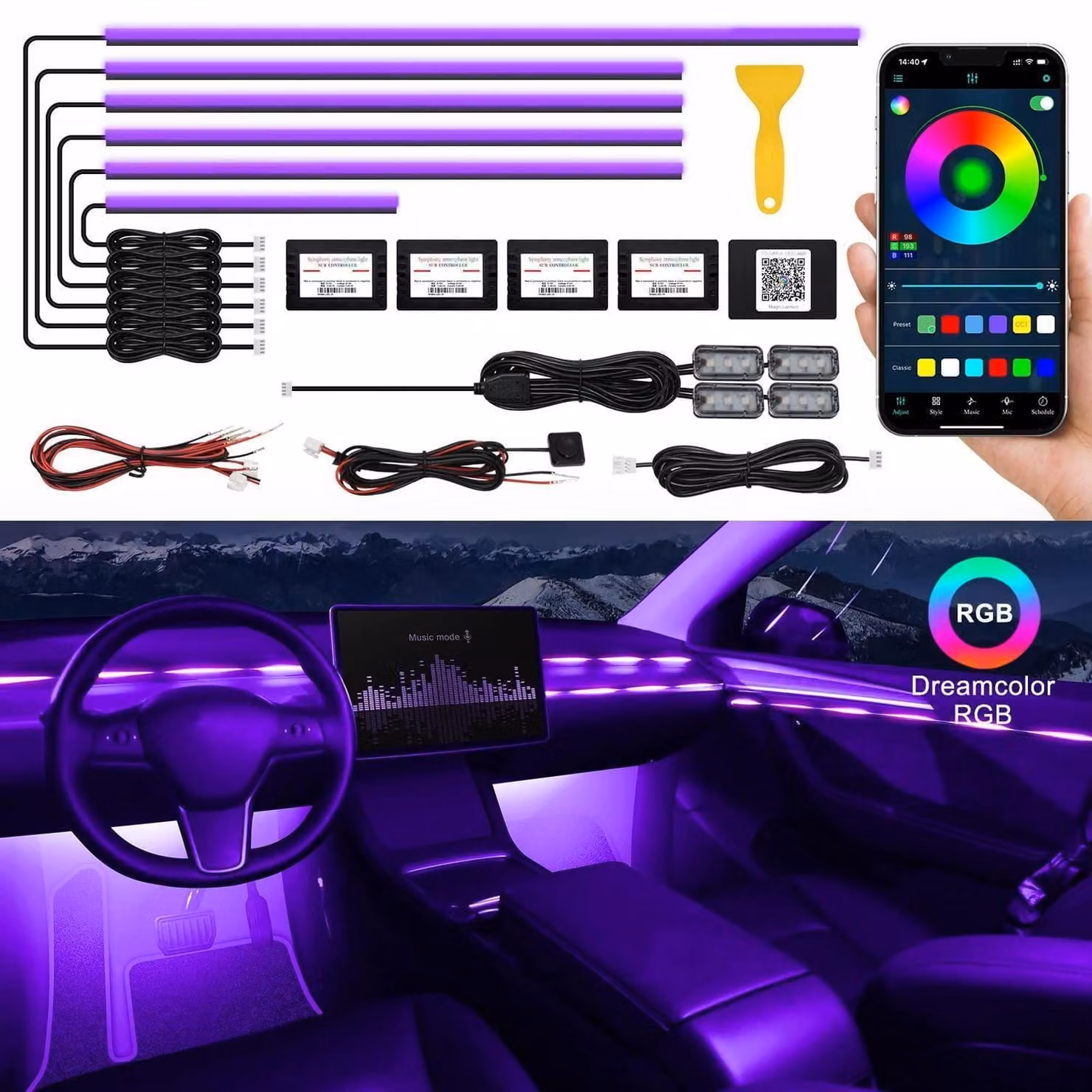 Illuminazione ambientale a LED per auto, controllabile tramite app, RGB 10-in-1, lunghezza 175 pollici, 593 LED, sincronizzazione con la musica