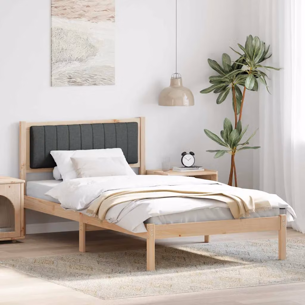 Letto con testiera rivestita vidaXL in legno di pino e tessuto, Grigio e Marrone, L 100 x P 200 cm
