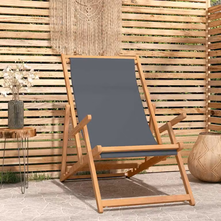 Sedia da giardino pieghevole vidaXL in legno di teak trattato con cuscino in poliestere grigio e poggiatesta regolabile