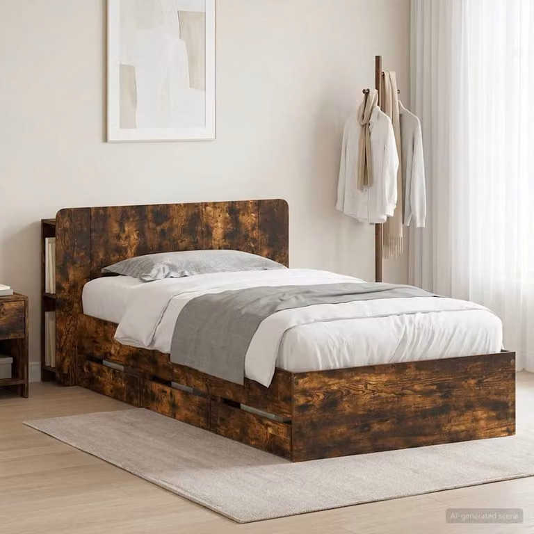 Struttura letto con contenitore e testata vidaXL in legno Rovere Fumo, L 140 x P 80 x H 211,5 cm