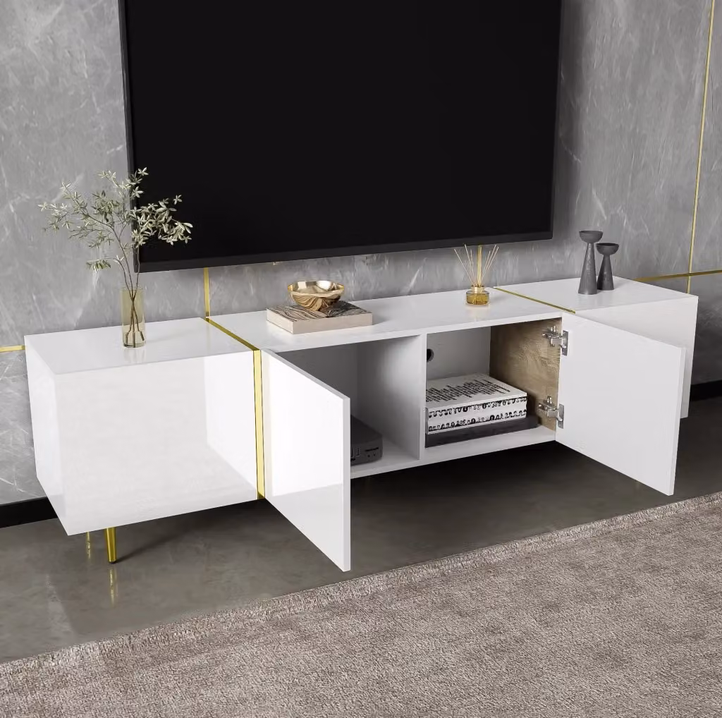 Mobile TV moderno MODFU in MDF bianco lucido e oro con 4 ante e chiusura soft-close L: 170 cm, P: 35 cm, H: 46 cm – 2