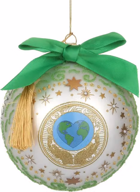 Pallina Mondo Tarocchi Kasanova in vetro bianco con decoro astratto e stelle, Diametro: 12 cm