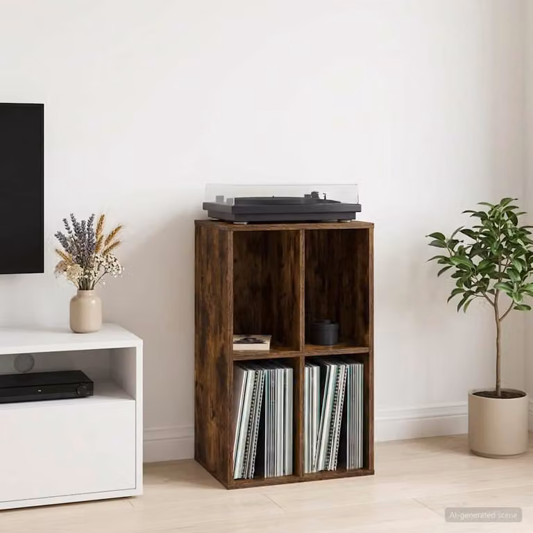 vidaXL Mobile porta vinili Rovere Fumo marrone con ruote L: 44,5 cm, P: 36,5 cm, H: 74,5 cm