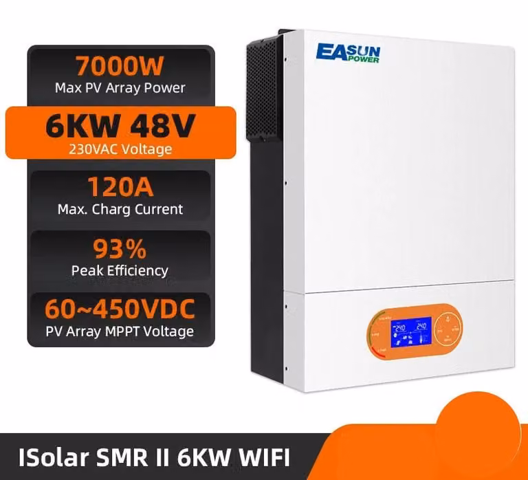 Inverter ibrido per pannelli solari da 6 kW, con regolatore di carica MPPT e monitoraggio Wi-Fi