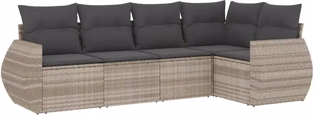 Set Divano da Giardino 5pz | Set Salotto da Giardino con Cuscini Grigio Chiaro Polyrattan