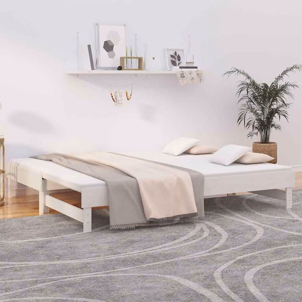 vidaXL Dormeuse Estraibile Bianca in Legno di Pino Massello con Doghe in Legno L/P/H: 200 x 100 x 33,5 cm