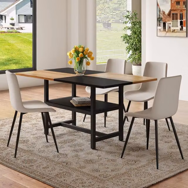 Set tavolo da pranzo rettangolare Mivray da 160 cm con 4 sedie in similpelle PU grigio caldo e ripiano integrato – 1