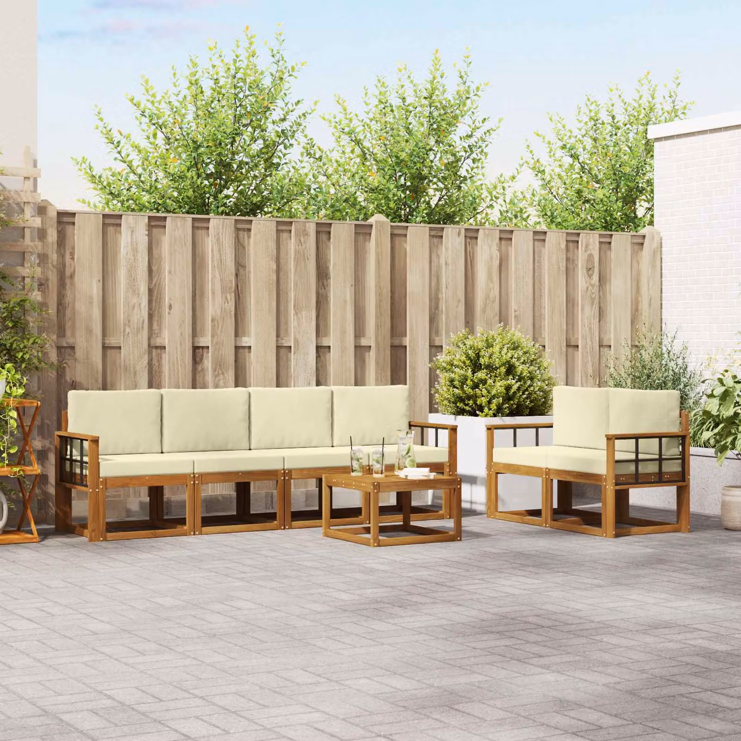 Set di divani da esterno vidaXL 7 pezzi in legno di acacia con cuscini, colore beige e marrone
