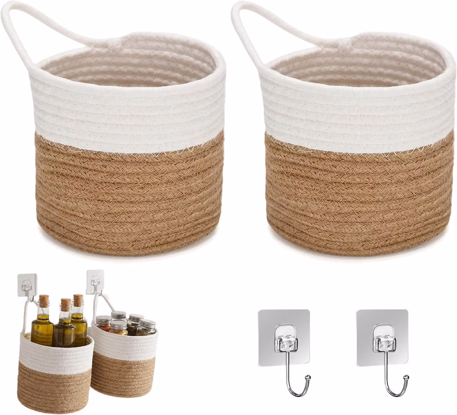Cesti sospesi in corda di cotone, confezione da 2, dimensioni 16x16x15 cm, ideali per cucina e bagno