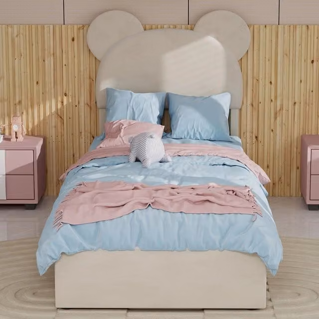 Letto imbottito con testiera contenitore ¨C Minimal ¨C Beige 90x200 cm pino idraulico senza materasso