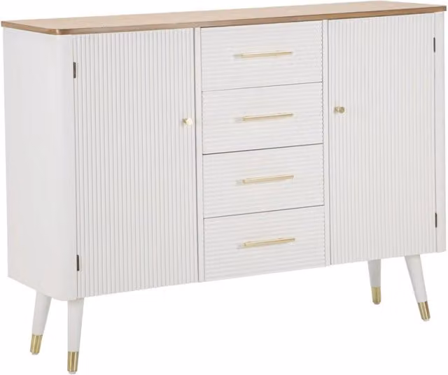 Mobile credenza Glamour Vikasa Home in legno bianco e pino con dettagli oro e top marrone L/P/H: 117 x 90 x 37 cm