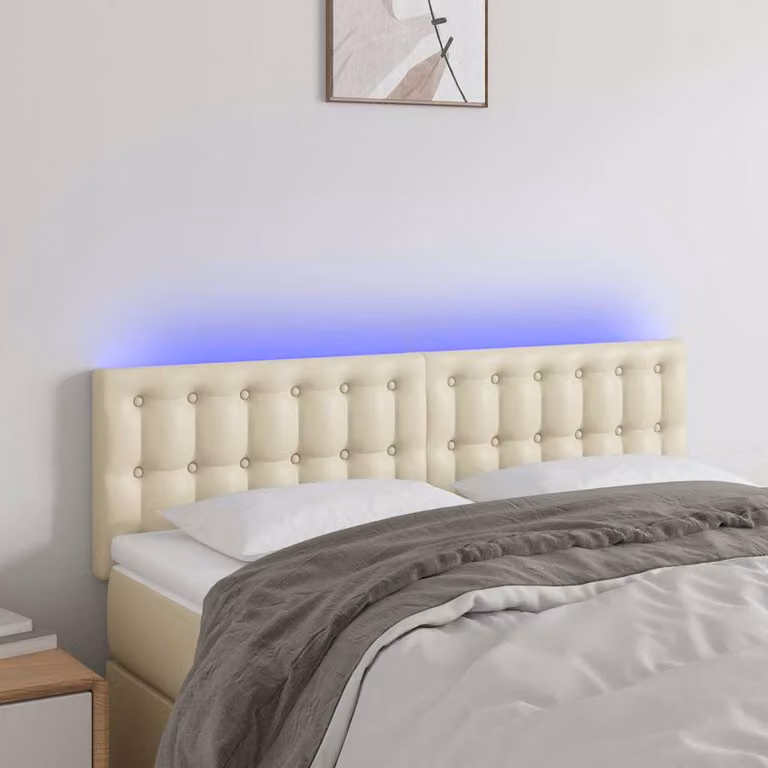 Testiera per letto vidaXL in similpelle beige con illuminazione LED e porta di ricarica USB, L: 144 cm, P: 5 cm, H: 78-88 cm