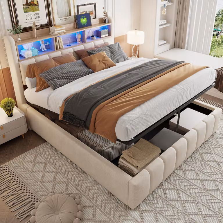 Letto imbottito Merax 180x200cm con rete idraulica, letto per bambini con LED, USB e Type-C, testata con ripiano e contenitore, tessuto di lino grigio