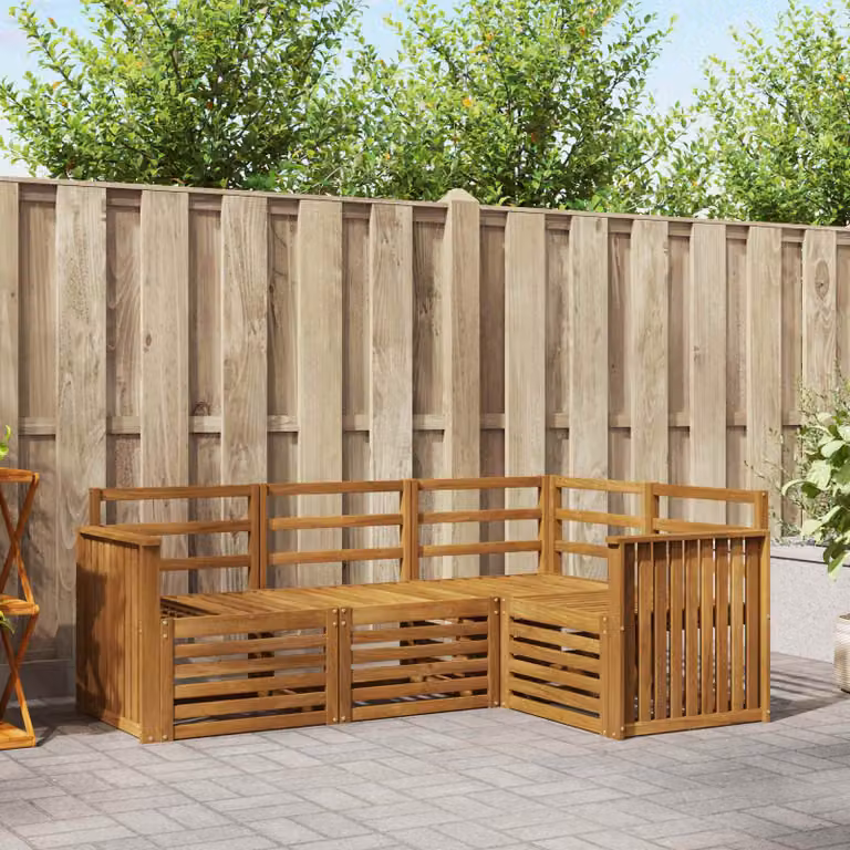 Set di divani da esterno vidaXL a forma di L in legno di acacia con cuscini bianchi e struttura marrone