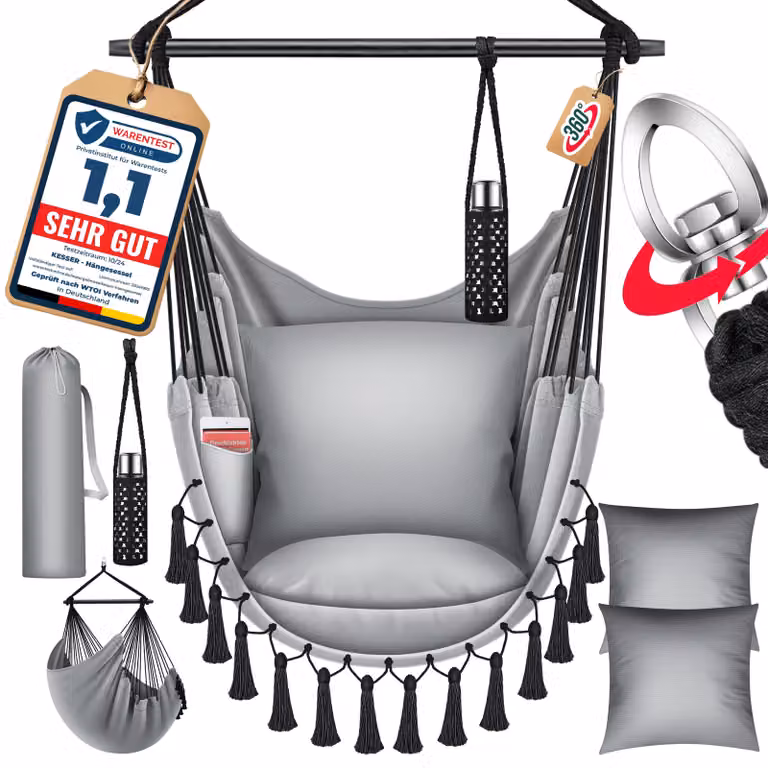 Sedia a dondolo sospesa KESSER® Safari XXL, fino a 150 kg, per adulti e bambini, da interno ed esterno, inclusi 2 cuscini