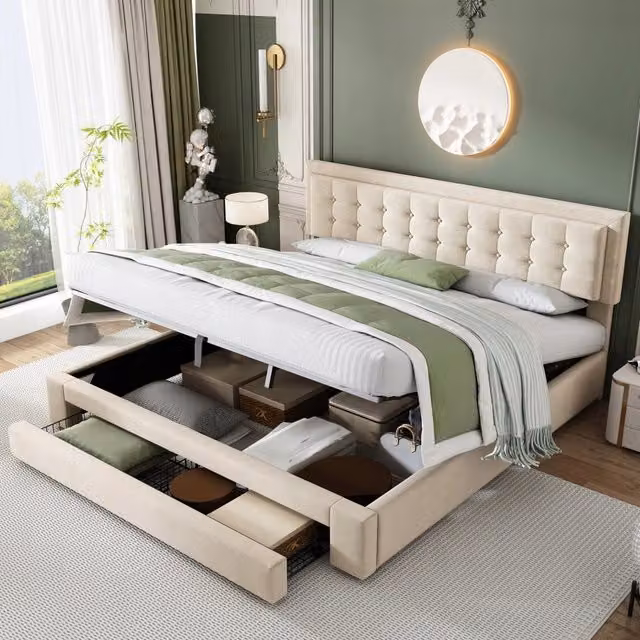 Letto matrimoniale con contenitore - Xylo - 180x200cm - Velluto - Beige