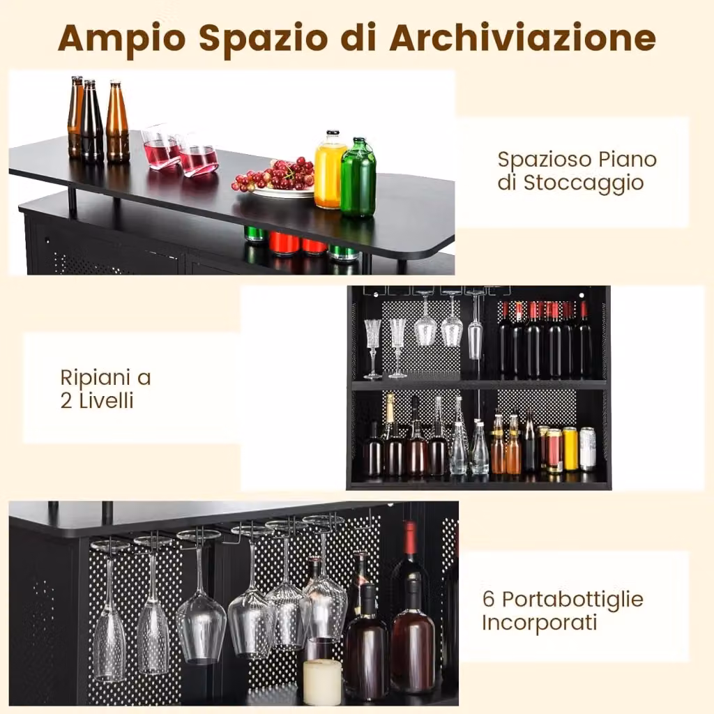 Mobile Portabottiglie e Portacalici Costway in Stile Industrial, Colore Nero, L/P/H: 120 x 30 x 106,5 cm – 2