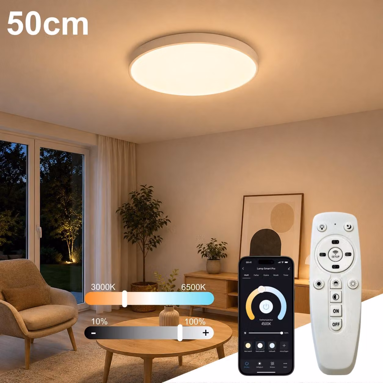 Lampada a soffitto LED, diametro 50 cm, bianca, lampada intelligente con controllo tramite app e telecomando, temperatura di colore regolabile da 3000 a 6500K, dimmeraggio continuo, funzione di memorizzazione, luce notturna e timer, design moderno e roton