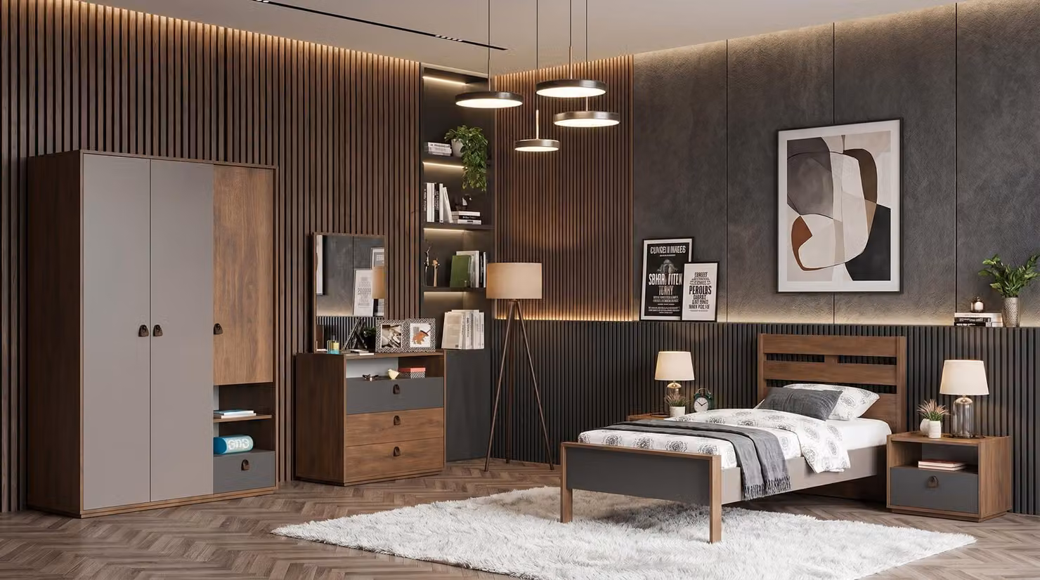 Camera da letto per giovani, elegante, in tonalità marrone, con letto, armadio, comò e comodini