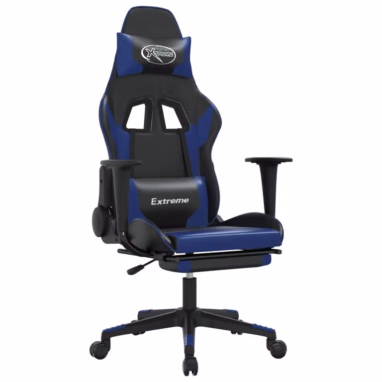 Sedia da Gaming con Poggiapiedi Nero e Blu in Pelle finta