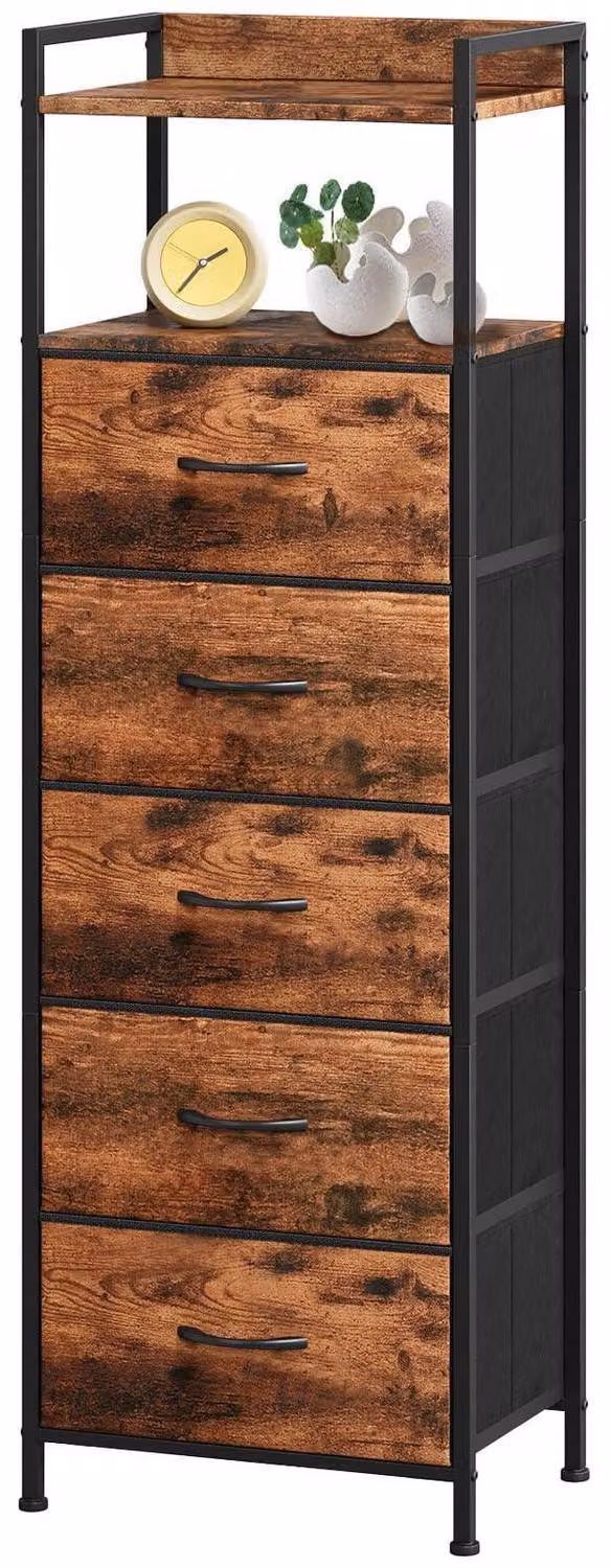 Comodino con 5 cassetti rivestiti in tessuto, dimensioni 28T x 40.2B x 124H cm, finitura effetto legno
