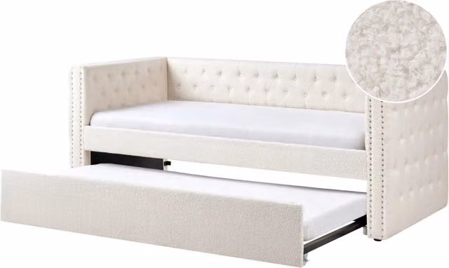 Letto da Giorno Estraibile BELIANI in Tessuto Bouclé Bianco con Rete a Doghe e Finiture Glamour L/P: 90 x 200 cm