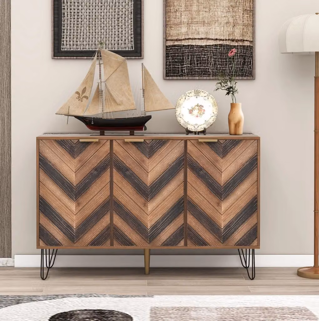 Credenza moderna MODFU a 3 ante con ripiani interni in effetto legno naturale, nero e oro, L: 120 cm, P: 38 cm, H: 76,5 cm – 2