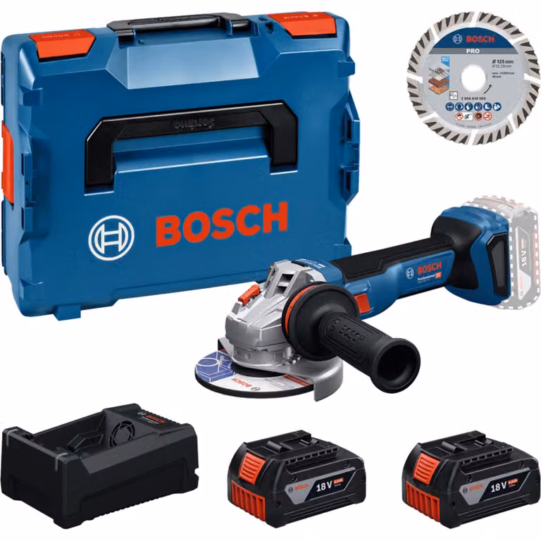 Bosch Professional Set di utensili Bosch: smerigliatrice angolare a batteria GWS 18V-11 S + 2 batterie GBA da 5 Ah + GAL + disco da taglio da 125 mm in L-BOXX