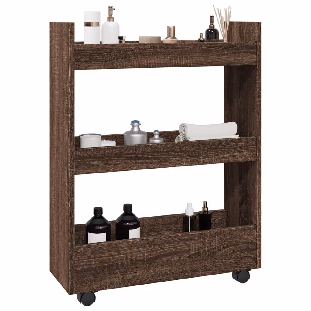 Carrello stretto a 3 livelli vidaXL in legno rovere marrone con ruote per cucina, soggiorno o bagno, H 80 x L 60 x P 22 cm
