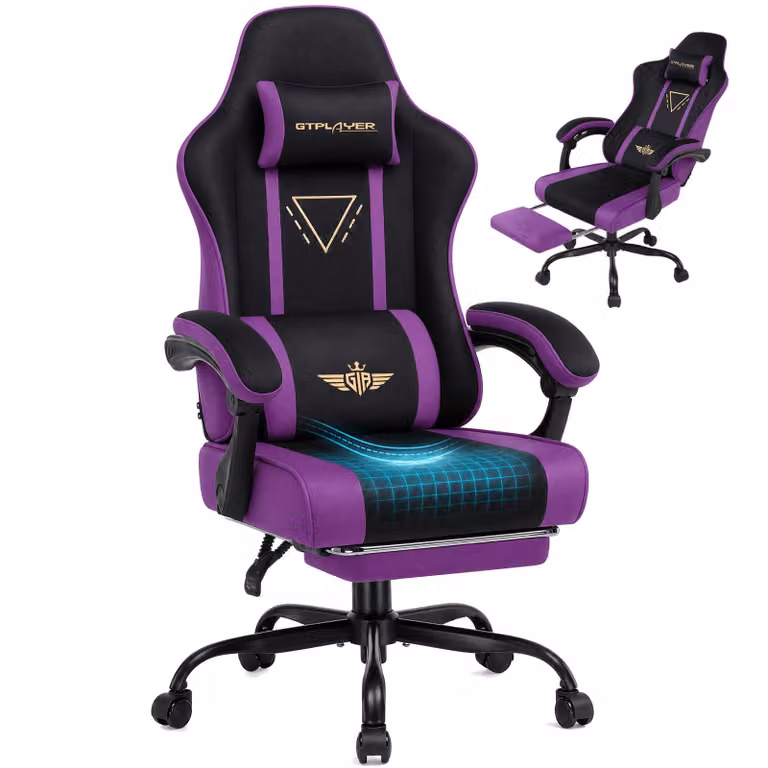 Sedia da gaming GTPLAYER, ergonomica, con rivestimento in tessuto, cuscino imbottito, braccioli regolabili e poggiapiedi, capacità di carico fino a 150 kg, sinistra