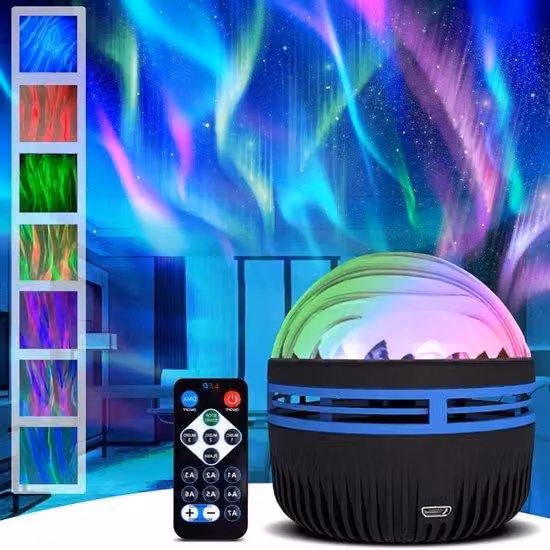 Proiettore 2-in-1 "Aurore Boreali" con telecomando, per proiezioni di onde marine e luci polari