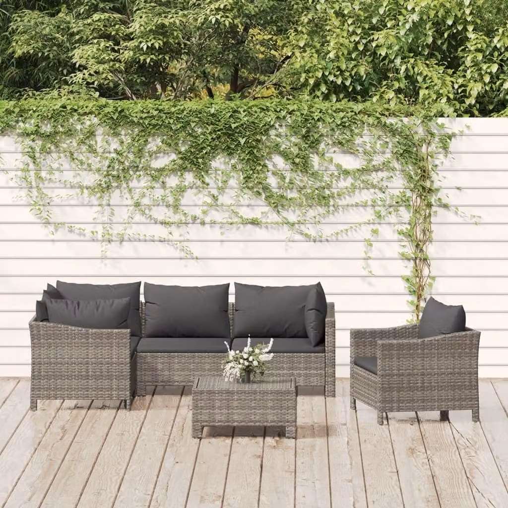 The Living Store Set da giardino da 6 pezzi con cuscini in poly rattan grigio