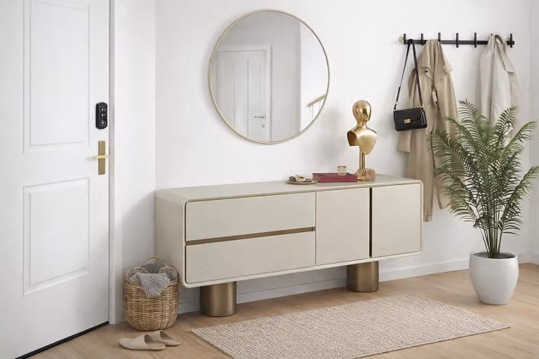 Mobile contenitore laterale beige moderno, esclusivo, con specchio. Mobile da buffet in legno
