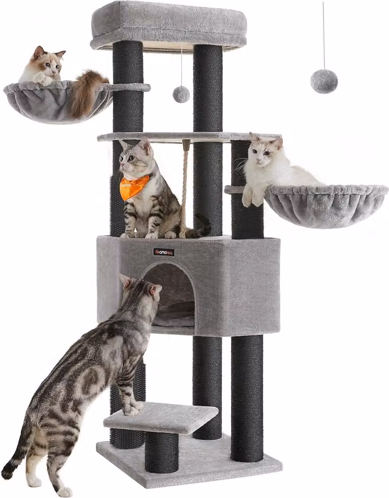 Tiragraffi Feandrea con coperte autoriscaldanti, per gatti di taglia grande, tiragraffi, 2 spazzole per gatti, 9 paletti spessi con un diametro di 11,1 cm,