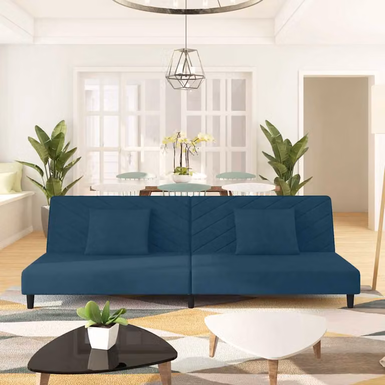 vidaXL Divano Letto Click-Clack a 2 Posti in Velluto Blu con Cuscini e Struttura in Legno Massiccio L: 200 cm, P: 84,5 cm, H: 69 cm