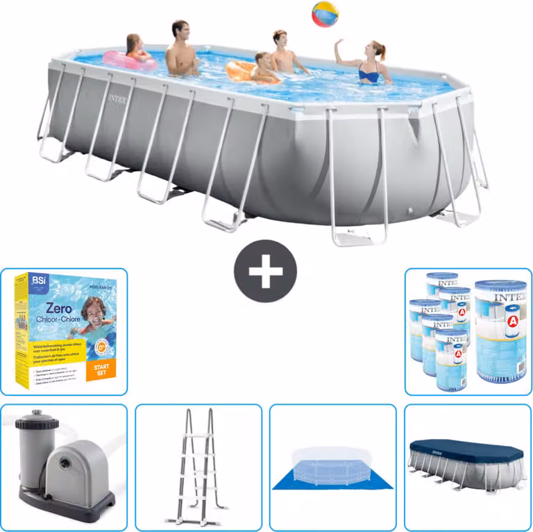 Piscina Intex Oval Prism Frame - 610 x 305 x 122 cm - Grigio - inclusa pompa - scaletta - telo di fondo - pacchetto di manutenzione della copertura - filtro