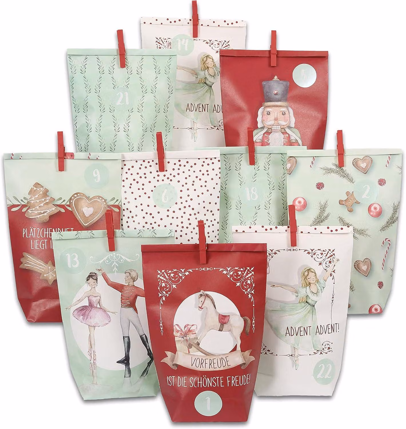 Calendario dell'Avvento in carta, da riempire: include 24 sacchetti regalo rossi e color menta, con stampe, e 24 adesivi e graffette