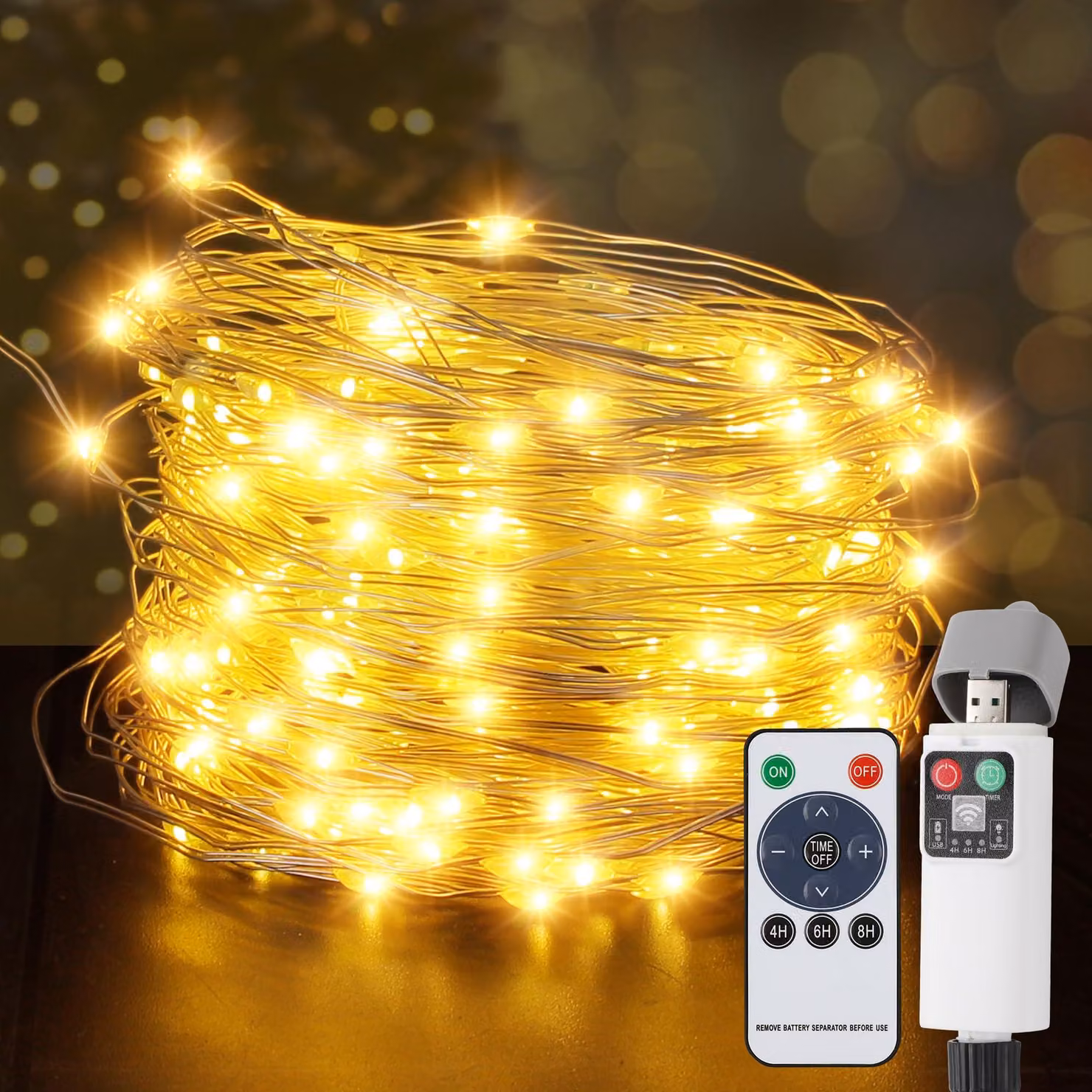 Mini catena luminosa da 20 metri, con 200 LED a luce calda, filo di rame, alimentazione a batteria