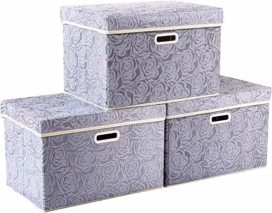 Grande contenitore pieghevole con coperchio - contenitore decorativo - 3 pezzi - grigio - 45x30x30 cm
