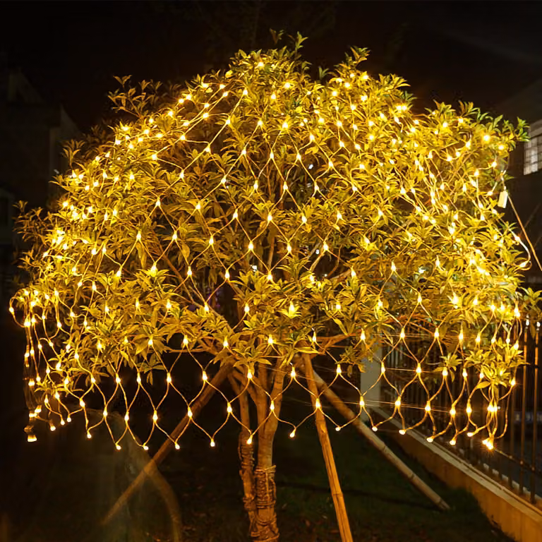 Catena luminosa LED Ikodm, rete luminosa 1,5 x 1,5 m, 96 LED, luce bianca calda, grado di protezione IP44, 8 modalità con funzione di memorizzazione, ideale per decorazioni natalizie all'esterno