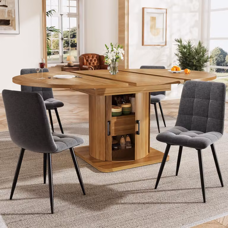 Set tavolo da pranzo STILVORA, 5 pezzi, con tavolo allungabile e 4 sedie. Set per la zona pranzo per 4-6 persone, con cassetti. Set tavolo da cucina con sedie in tessuto grigio