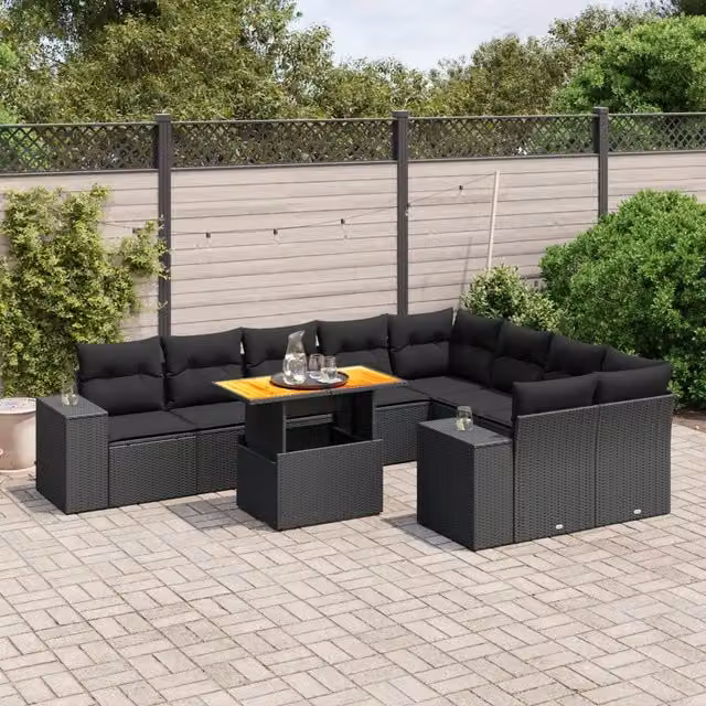 Set Divani da Giardino 10pz con Cuscini in Polyrattan Nero 3272791
