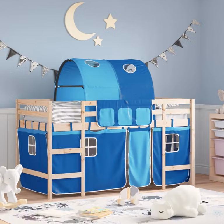 Letto a soppalco per bambini vidaXL in legno massello di pino con tunnel blu L/P/H: 205.5 x 80 x 113.5 cm